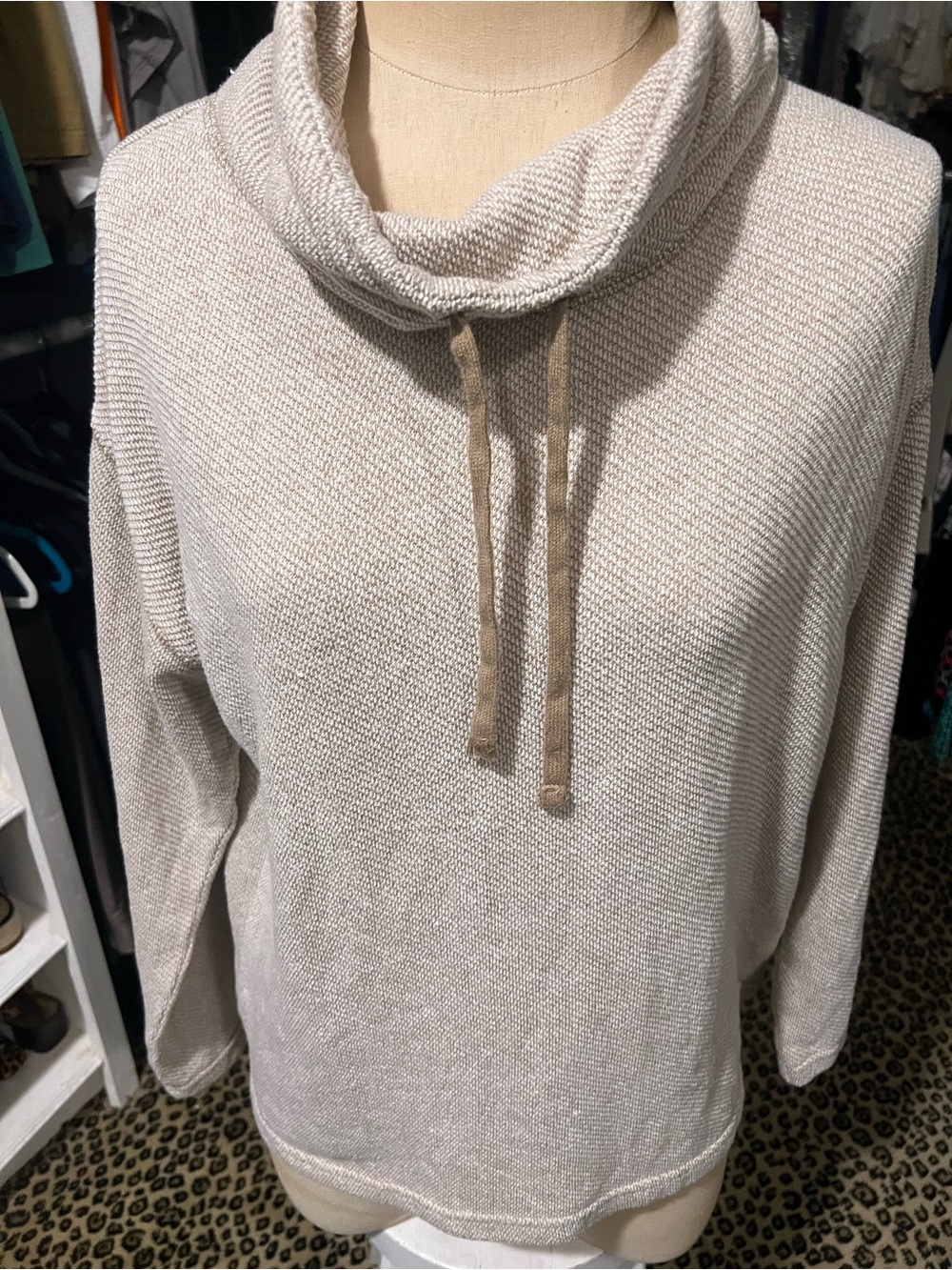 Chaps Cream Cowl Neck Pullover with Drawstring